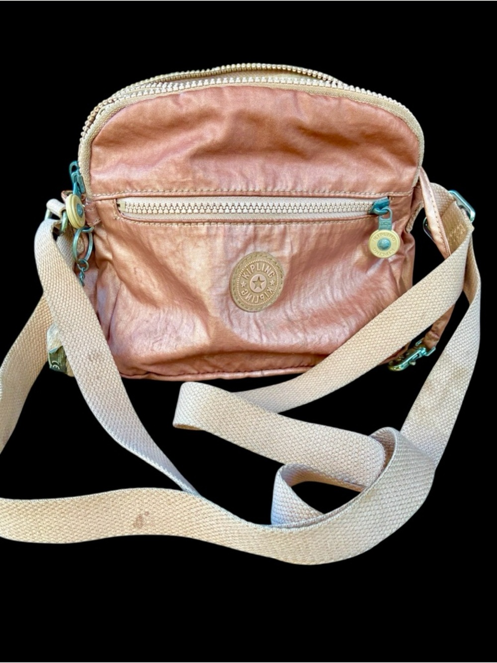 Kipling Metallic Pink Crossbody Bag Small Nylon Shoulder Bag Monkey Keychain